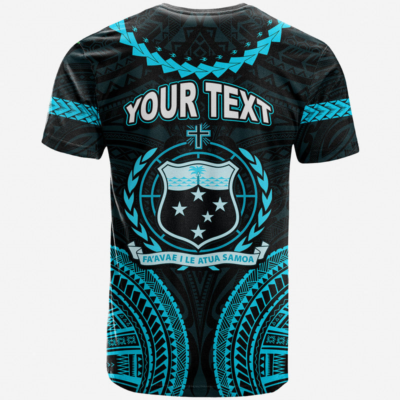 Tribal graphic T-shirt back with crest, stars, YOUR TEXT, blue accents on dark fabric