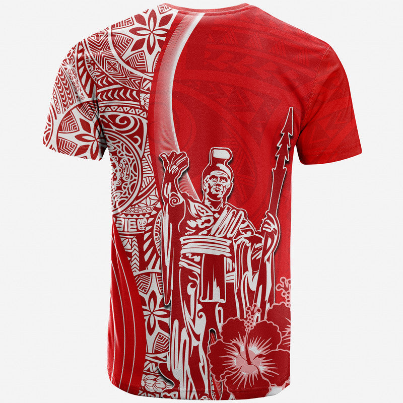 Red King Kamehameha graphic T-shirt with white back figure, spear, and floral print