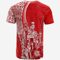 Red King Kamehameha graphic T-shirt with white back figure, spear, and floral print