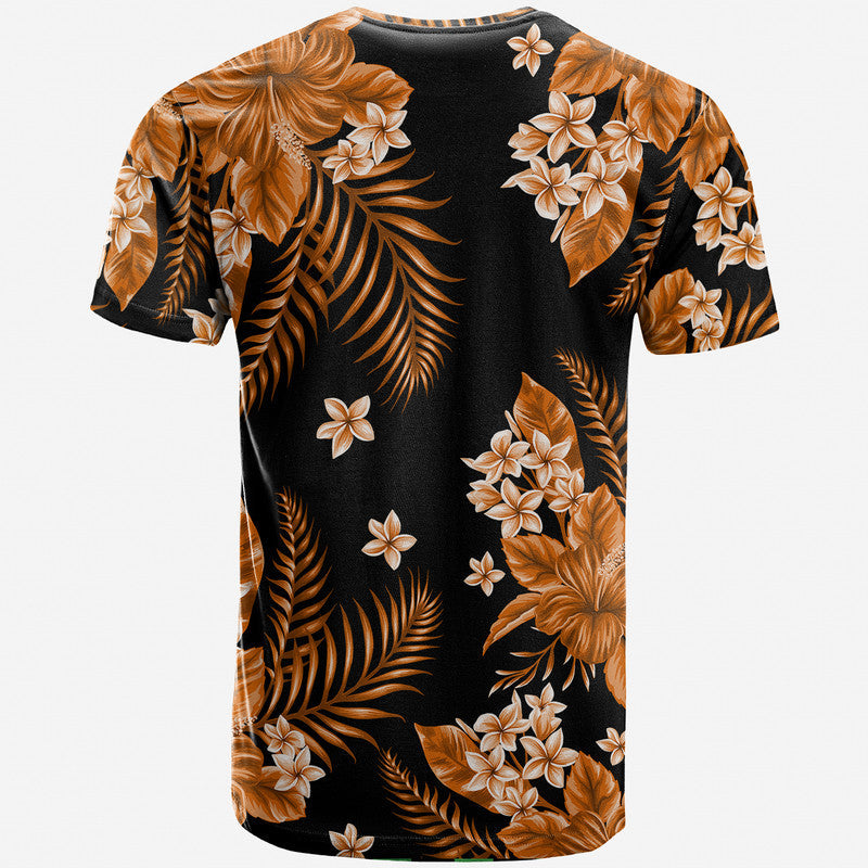 Orange and black tropical floral T-shirt, crew neck, palm leaf print