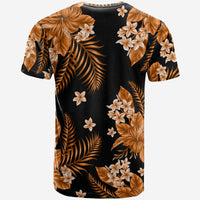 Orange and black tropical floral T-shirt, crew neck, palm leaf print