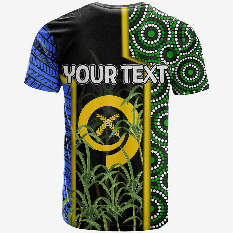 Black t-shirt with flag graphic and 'YOUR TEXT' placeholder, stars and foliage