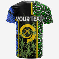 Black t-shirt with flag graphic and 'YOUR TEXT' placeholder, stars and foliage