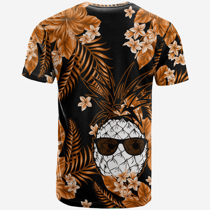 Crew-neck short-sleeve T-shirt with black base, orange palm leaves, and floral skull