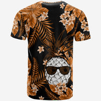Crew-neck short-sleeve T-shirt with black base, orange palm leaves, and floral skull