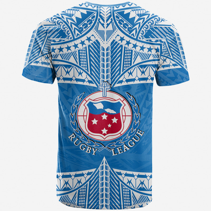 Blue rugby league T-shirt with white tribal pattern and central Rugby League crest
