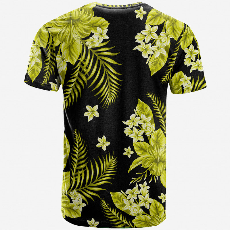 Short-sleeve t-shirt with all-over green tropical leaves and flowers on a dark base