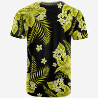 Short-sleeve t-shirt with all-over green tropical leaves and flowers on a dark base