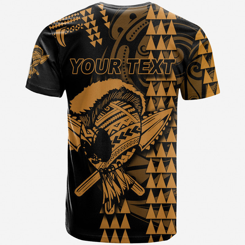 Black crew-neck T-shirt with gold bird and mask graphic; 'YOUR TEXT' on chest