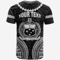 Tribal print T-shirt back with crest and star text, black and white design