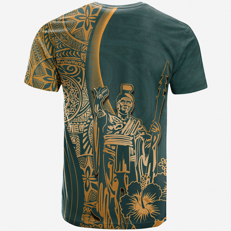 Green crewneck T-shirt with gold king portrait and tiki-style border art
