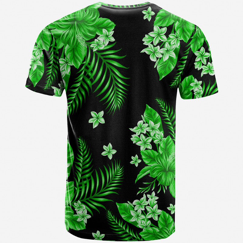 Green tropical floral T-shirt with black base, crew neck, short sleeves