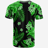 Green tropical floral T-shirt with black base, crew neck, short sleeves