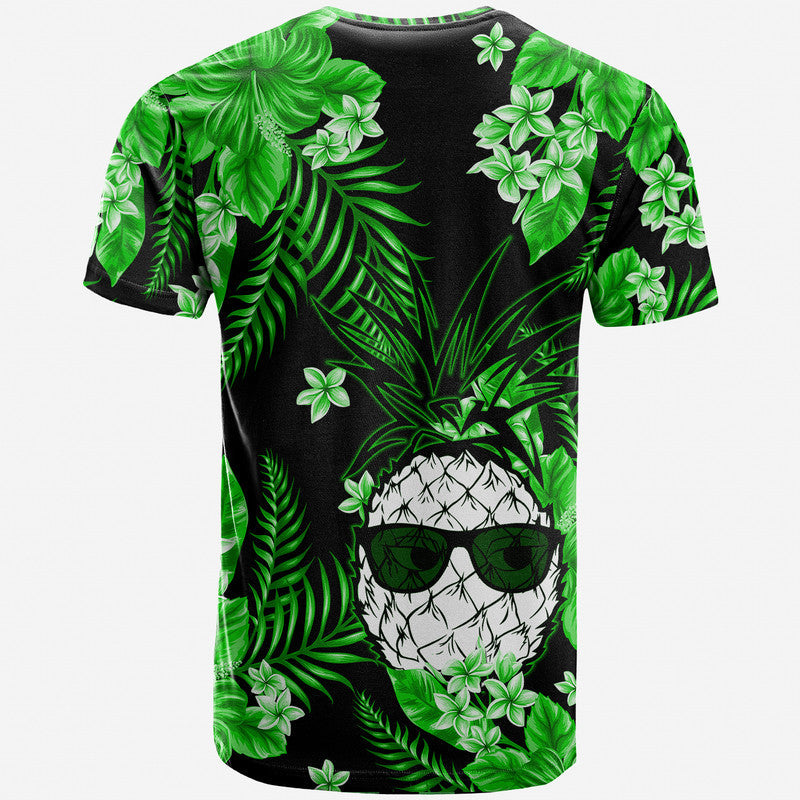 Short-sleeve T-shirt, black with dense green foliage print and pale flower details, front view