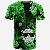 Short-sleeve T-shirt, black with dense green foliage print and pale flower details, front view