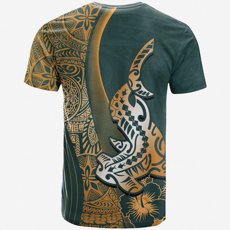 Green crewneck T-shirt, back view, gold shark and ornamental tribal pattern