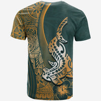 Green crewneck T-shirt, back view, gold shark and ornamental tribal pattern