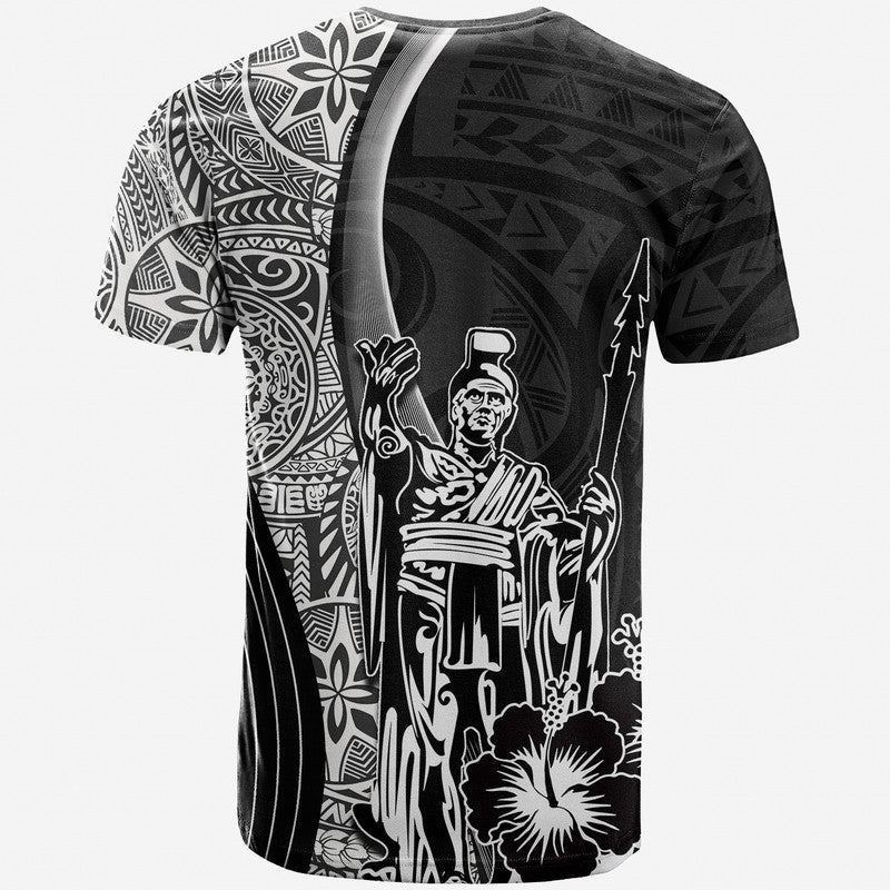 Black graphic T-shirt with Kamehameha figure and split tribal design, short sleeves