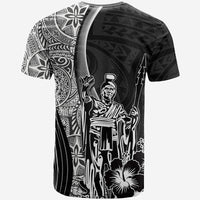 Black graphic T-shirt with Kamehameha figure and split tribal design, short sleeves