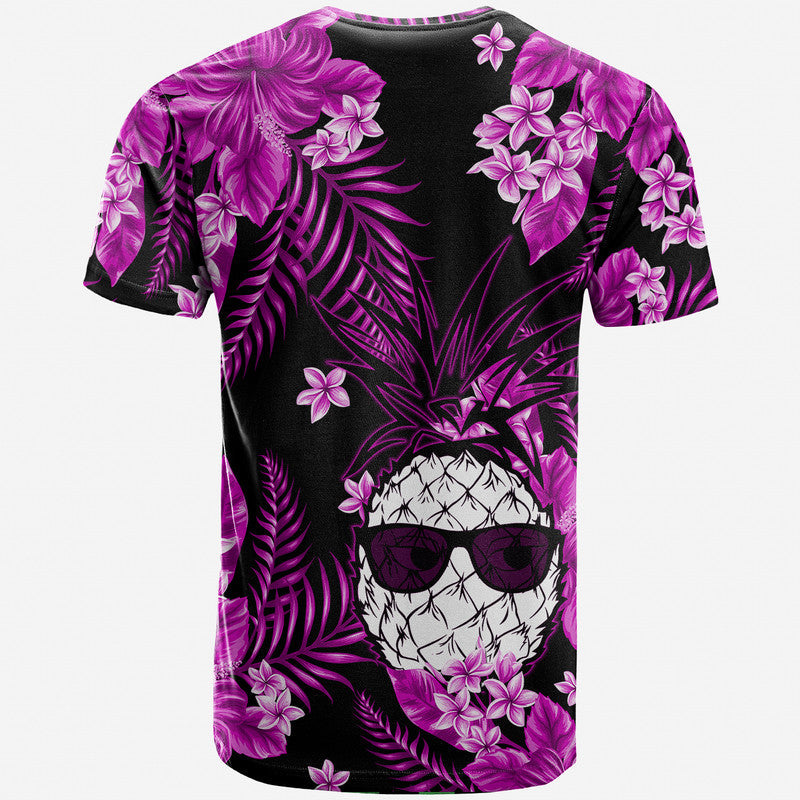 Purple-black crewneck T-shirt with purple tropical leaf print and skull sunglasses graphic