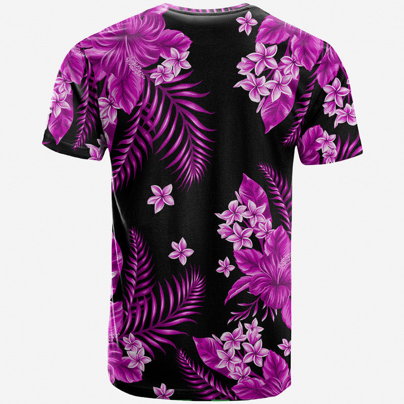 Purple tropical floral graphic T-shirt on black base, short sleeves, crew neck, side angle