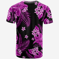 Purple tropical floral graphic T-shirt on black base, short sleeves, crew neck, side angle