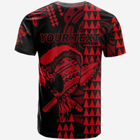 Warrior T-shirt black with red back print, tribal mask, and 'YOUR TEXT' in red