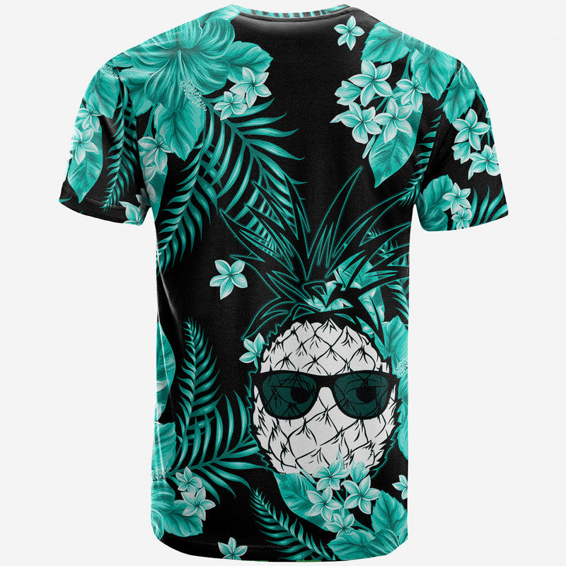 Short-sleeve crew T-shirt, black with teal tropical leaves and skull face graphic