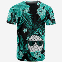 Short-sleeve crew T-shirt, black with teal tropical leaves and skull face graphic