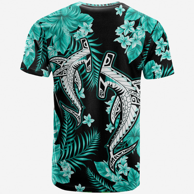 Shark and tropical leaf graphic T-shirt, teal and black, crew neck, short sleeves