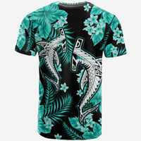 Shark and tropical leaf graphic T-shirt, teal and black, crew neck, short sleeves