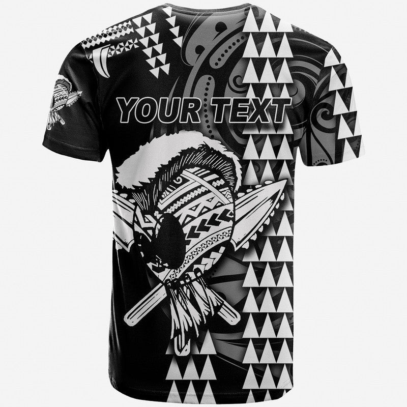 Custom text warrior T-shirt, black with white geometric print and yellow 'YOUR TEXT'