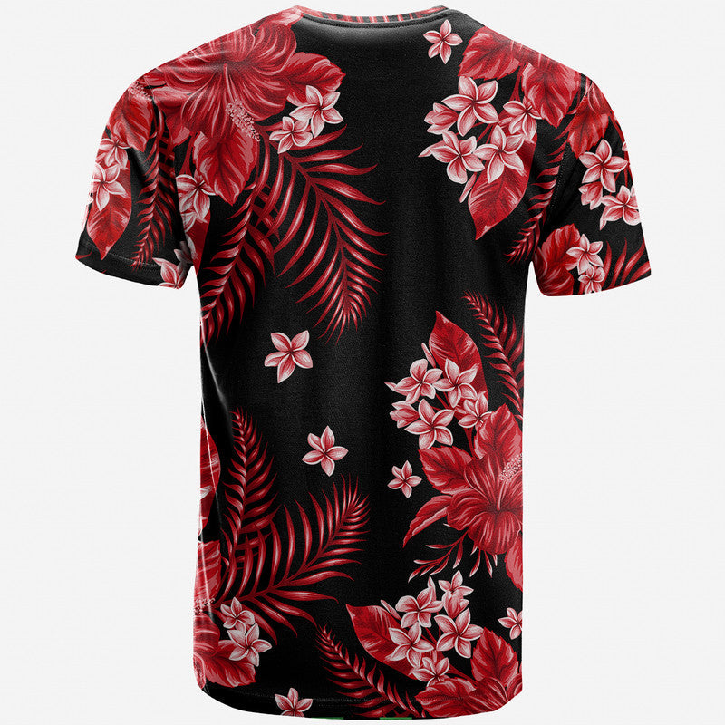 Back view: red tropical floral T-shirt on black with crew neck and short sleeves