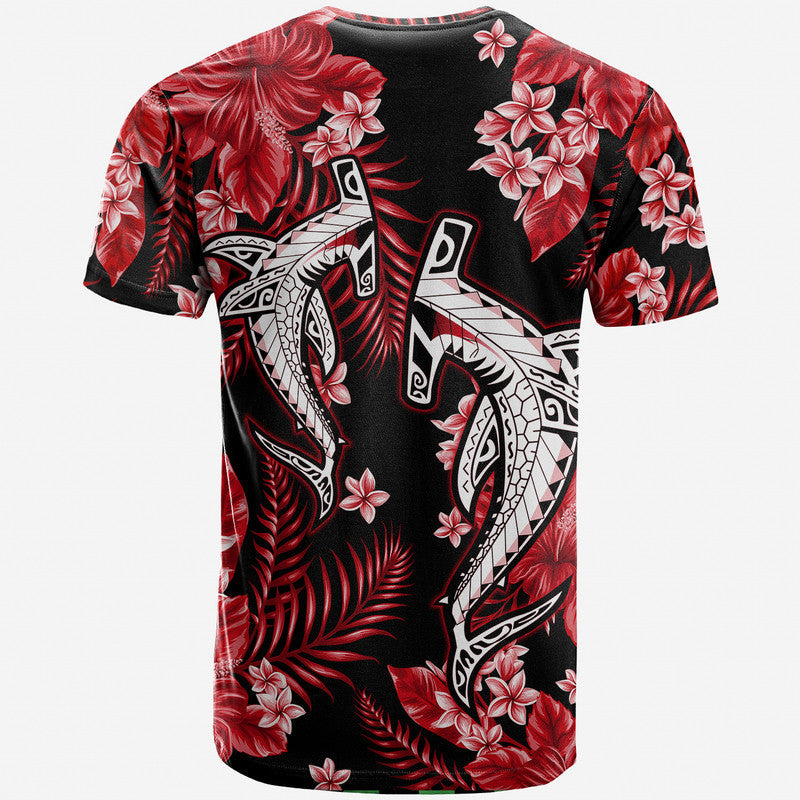 Shark graphic t-shirt with red tropical leaves and white flowers on black, short sleeves
