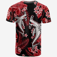 Shark graphic t-shirt with red tropical leaves and white flowers on black, short sleeves