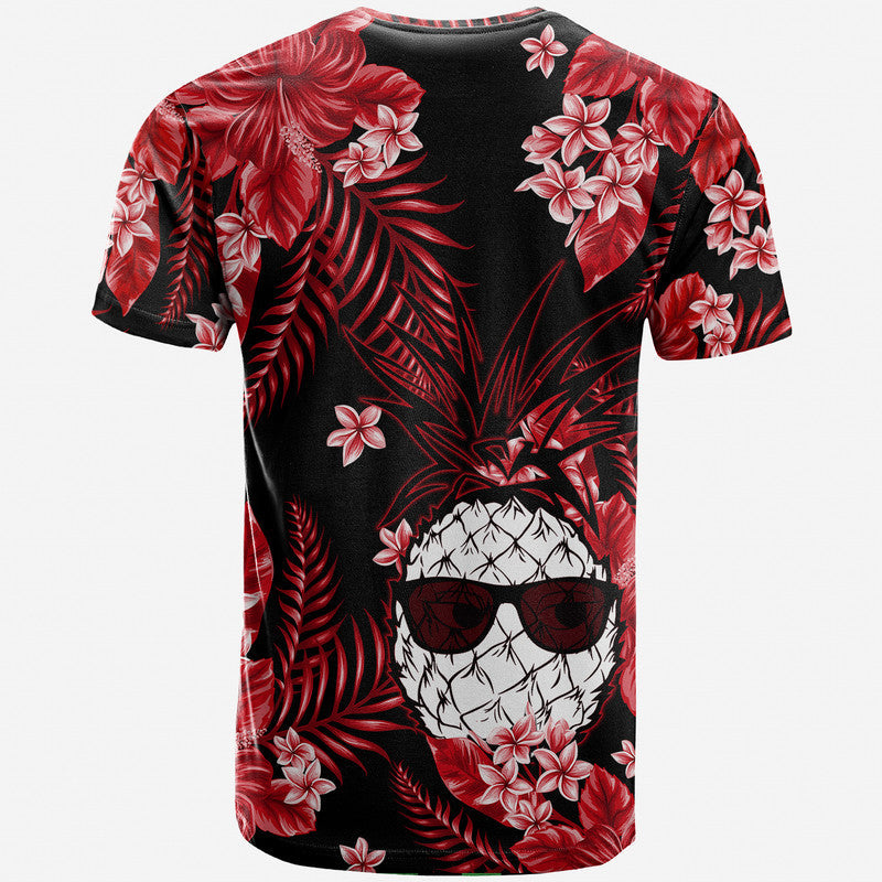 Crew neck black tropical T-shirt with red leaves, pink flowers, skull sunglasses graphic