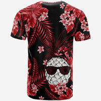 Crew neck black tropical T-shirt with red leaves, pink flowers, skull sunglasses graphic