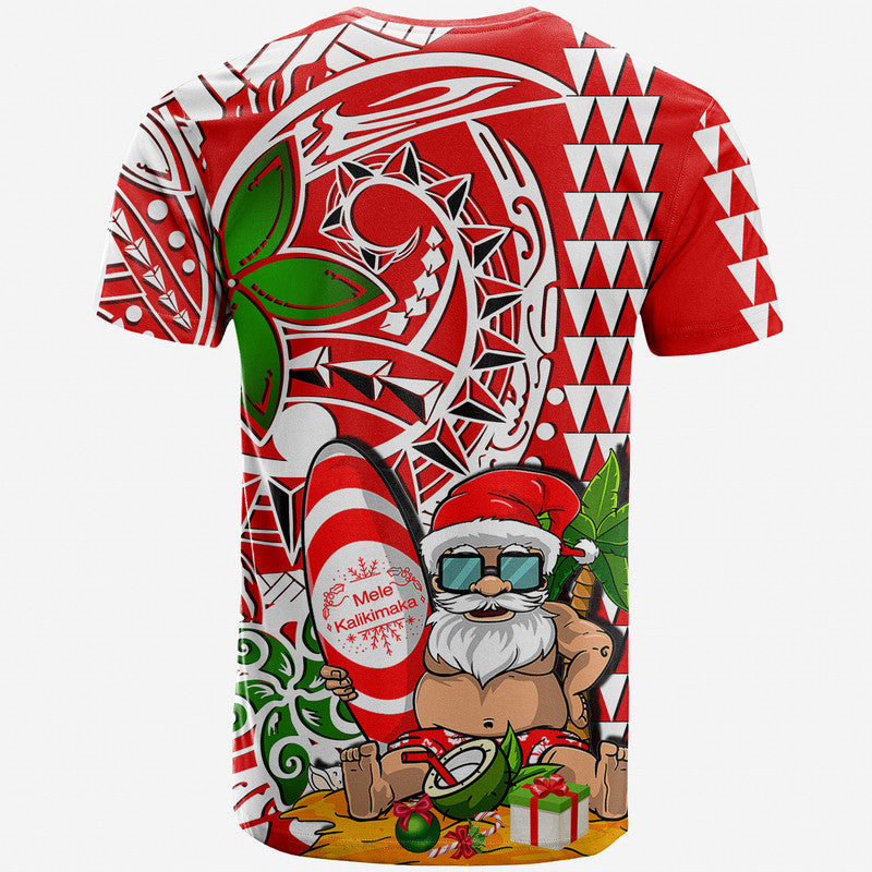 Red and white graphic T-shirt with Santa, tropical fish, and leafy motif