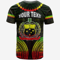 Dark green tribal T-shirt with crest, stars, cross, and red yellow green accents