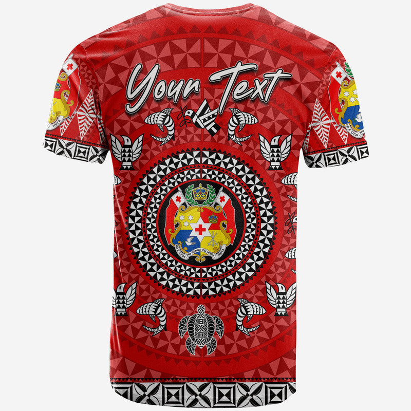 Red back rugby T-shirt with “Your Text” and circular crest animal graphics