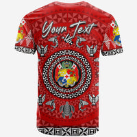 Red back rugby T-shirt with “Your Text” and circular crest animal graphics