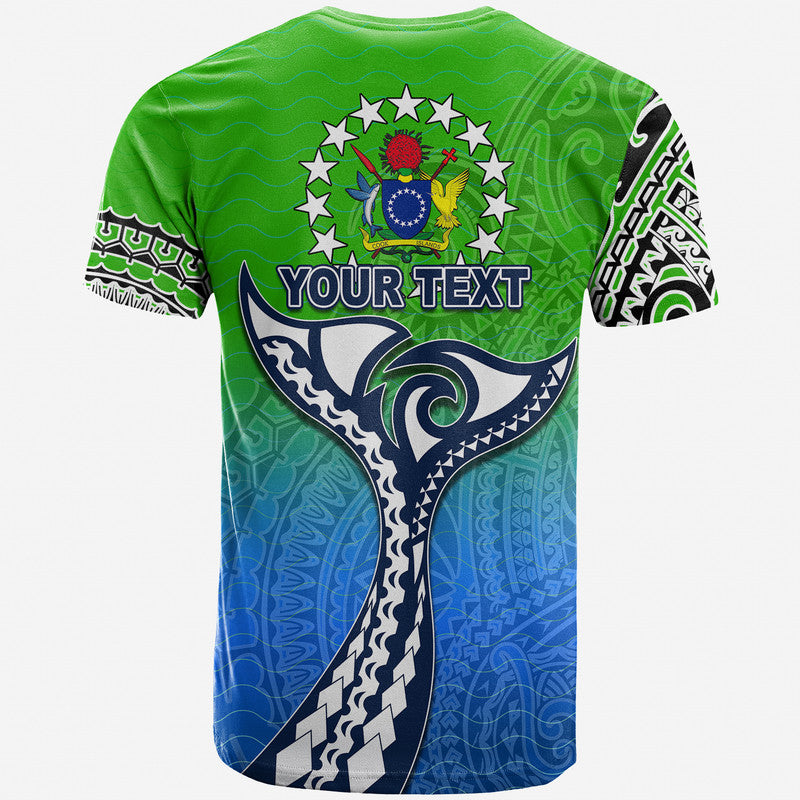 Green and blue T-shirt back with “YOUR TEXT” stars wreath and whale graphic