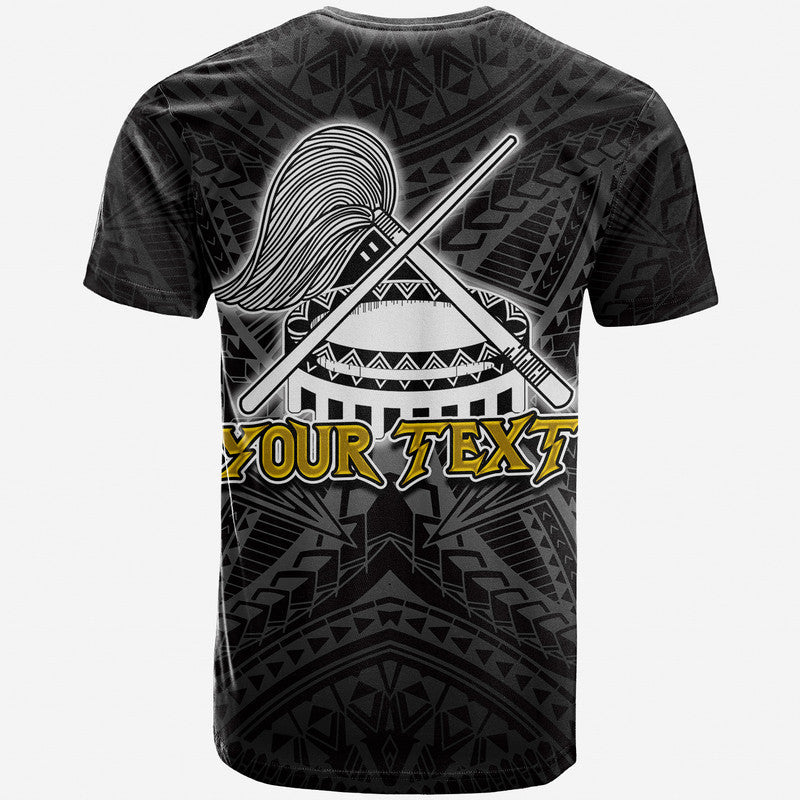 Black T-shirt with crossed sword and crest graphic, 'YOUR TEXT' banner