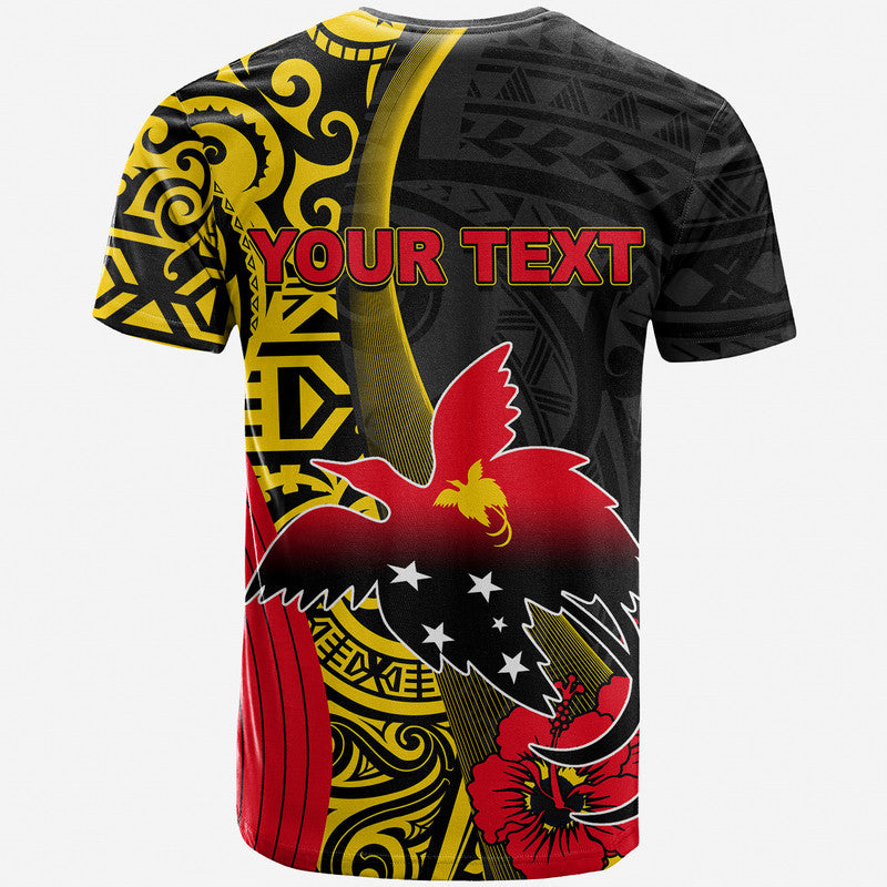 Black graphic T-shirt with yellow scrolls, red bird, 'YOUR TEXT' print, short sleeves
