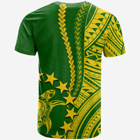 Green T-shirt back with yellow vertical tribal panel, stars, and patterned side sections