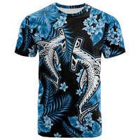 Crewneck T-shirt with all-over blue floral and white shark graphic on black