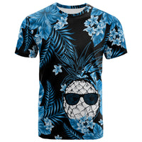 Graphic crew-neck T-shirt: black base with blue tropical flowers and skull
