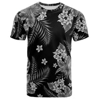 Floral graphic crew-neck t-shirt in black with gray tropical leaves and flowers.