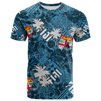Blue tropical T-shirt with crew neck, short sleeves, palm and pattern print