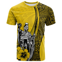 Yellow graphic T-shirt with king figure, tribal patterns, and hibiscus flowers